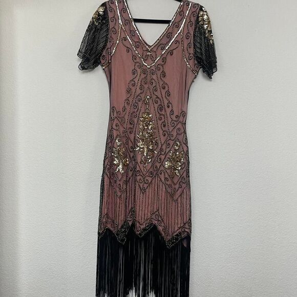 Beaded Pink Black Flapper Dress Fringe Vintage Gold Sequins Bias Cut Size M - Picture 8 of 8